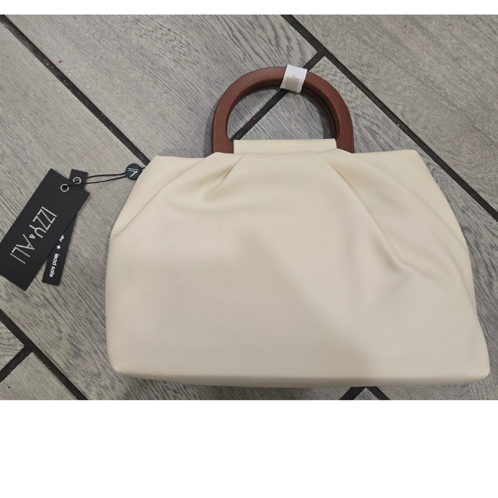 Izzy & Ali Cream Vegan Leather Handbag Wood Circle Top Handle Satchel NWT